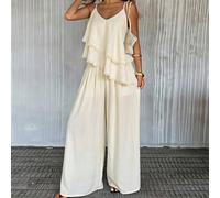 Ensemble 2 pièces pour femmes : Top camisole col V ample couleur abricot unie avec ourlet à volants superposés et pantalon long à jambes larges, été/automne, festival de juin L,M,SUnicoloreTissu tissé