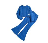Ensemble 2 pièces pour fille - Pull en tricot à manches longues - Haut et pantalon évasé - Bleu - 11-12 ans