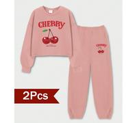 Ensemble 2 pièces pour fille, sweat-shirt d'automne, motif cerise et imprimé lettre, sweat-shirt court à manches longues et bords bruts, taille élastique, pantalon de survêtement fuselé, style univers