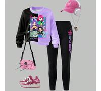 Ensemble 2 pièces pour fille : sweat-shirt décontracté à la mode, motif dessin animé stylé, sweat-shirt à manches longues et legging noir moulant. Confortable et idéal pour l'automne, l'hiver et le pr
