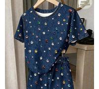 Ensemble 2 pièces pour fille, t-shirt à manches courtes et short, style vintage doux dopamine, imprimé coloré strass, décontracté minimaliste, adapté pour l'été 6Y,7Y,8Y,4Y,5Y,2-3YTout ImpriméTissu tr