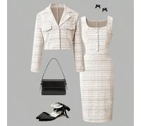 Ensemble 2 pièces pour fille : veste blazer courte élégante en tweed + robe cintrée sans manches, tenue stylée pour le printemps et l'automne 8Y,9Y,10Y,11Y,12YRayéPolyester,Tissu tissé