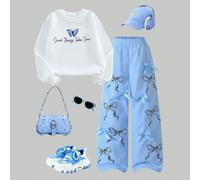 Ensemble 2 pièces pour filles de 8 à 12 ans : sweat-shirt col rond blanc style mode décontracté avec imprimé lettres et papillon, assorti à un pantalon ample à cordon de serrage à la taille 8Y,9Y,10Y,