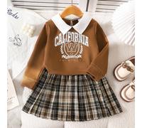 Ensemble 2 pièces pour filles et enfants, composé d'un Sweat-shirt-shirt à manches longues en tricot avec col blanc, panneau avant marron café et imprimé de lettres anglaises blanches, assorti à une j
