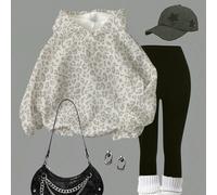 Ensemble 2 pièces pour filles préadolescentes, style décontracté minimaliste avec imprimé léopard, style vintage américain, sweat-shirt à capuche confortable à manches longues & leggings, convient pou