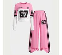 Ensemble 2 pièces pour filles préadolescentes : T-shirt à manches longues avec imprimé numéro 67/lettre + pantalon de survêtement droit style américain avec bandes latérales, top col rond + pantalon j