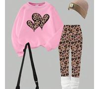 Ensemble 2 pièces pour filles, Sweat-shirt sweat-shirt et leggings décontractés et sportifs d'automne, imprimé léopard dessin animé et imprimé cœur, teintes de brun et beige pour l'école 8Y,9Y,10Y,11Y