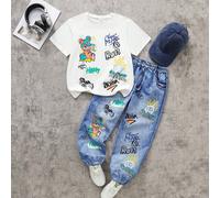 Ensemble 2 pièces pour garçons préadolescents, nouveau T-shirt à col rond à manches courtes avec graphique d'été & pantalon cargo plissé, tenue de sport décontractée, tissu confortable, coupe mode, no