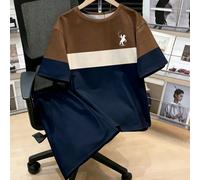 Ensemble 2 pièces pour garçons préadolescents, printemps-été, style décontracté gentleman, t-shirt col ras-du-cou à manches courtes avec imprimé cheval et blocs de couleurs, et short à poches 8Y,9Y,10