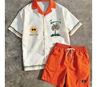 Ensemble 2 pièces pour homme style high street plage vintage semi-transparent décontracté avec col à revers, motif imprimé botanique à grande échelle blocs de couleurs, tenue d'été essentielle pour ho