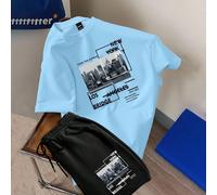Ensemble 2 pièces pour hommes comprenant un t-shirt casual à manches courtes avec imprimé slogan col rond et un short à cordon de serrage à la taille. Couleur bleu et bleu ciel. L,M,S,XL,XXLLettresÉto