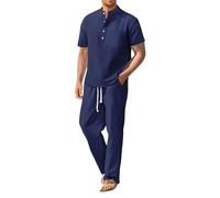 Ensemble 2 pièces pour Hommes, Couleur Unie, Chemises décontractées à Manches Courtes, Pantalons de Plage et de Yoga, Tenues d'été (Navy, M)