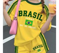 Ensemble 2 pièces pour jeune fille, maillot de l'équipe nationale de football du Brésil avec drapeau et imprimé de lettres colorées, manches courtes et short, vintage, universitaire, classique, mode, 