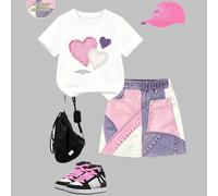 Ensemble 2 pièces pour jeune fille, mode décontractée printemps/été, tenue de robe à manches courtes, motif patchwork cœur rose doux et frais, design t-shirt à col rond à manches courtes et jupe cargo