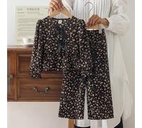 Ensemble 2 pièces pour jeunes filles, nouveau style mode, top à petits motifs floraux avec nœud papillon 3D, col rond, manches longues avec poignets, ourlet trapèze, associé à un pantalon droit à jamb