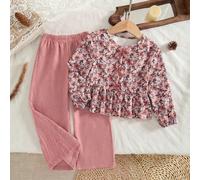 Ensemble 2 pièces pour jeunes filles, nouveau style mode, top en velours côtelé à fleurs avec nœud papillon 3D, col rond, manches longues avec poignets, silhouette trapèze, associé à un pantalon droit