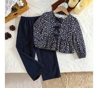Ensemble 2 pièces pour jeunes filles, nouveau style mode, top en velours côtelé à imprimé floral discret avec nœud 3D, col rond, manches longues avec poignets, ourlet trapèze, associé à un pantalon dr