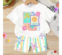 Ensemble 2 pièces pour jeunes filles, style plage décontracté et mignon : t-shirt à manches courtes + short moulant. Imprimé rayures Dopamine et étoiles de mer colorées. Idéal pour le printemps/été (4