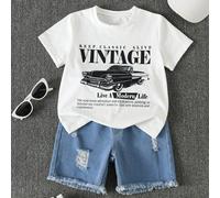 Ensemble 2 pièces pour jeunes garçons, T-shirt en maille à manches courtes col rond ample avec motif voiture vintage américaine, décontracté, polyvalent et confortable & short en denim, convient pour 