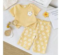 Ensemble 2 pièces pour nouveau-né, Top jaune à col rond et manches courtes avec patch brodé floral, pantalon à taille élastique avec imprimé petites marguerites, style campagnard pastoral de vacances,