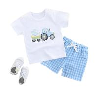 Ensemble 2 pièces pour petit bébé garçon et fille avec haut brodé à manches courtes et short à carreaux