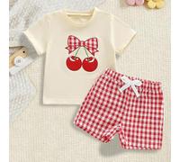 Ensemble 2 pièces pour petit bébé garçon et fille avec haut brodé à manches courtes et short à carreaux