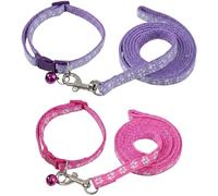 Ensemble 2 pièces pour petit chien et chat avec clochette, ensemble de promenade réglable en nylon motif empreintes de pattes, rose et violet clair, tour de cou de 19 à 32 cm, laisse de 1,2 m