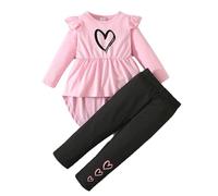 Ensemble 2 pièces pour Petites Filles, Haut à Manches Longues imprimé cœur et Leggings Unis, Tenue décontractée en Coton Doux, Tunique péplum à Manches Ballon pour Tout-Petits de 1 à 5 Ans (Red, 1-2
