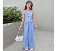 Ensemble 2 pièces pour préadolescentes avec taille cintrée - Chemise col polo, gilet et pantalon ample, tenue mode polyvalente pour la vie quotidienne et les séances photo entre sœurs 7Y,8Y,9Y,10Y,11Y