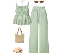 Ensemble 2 pièces pour préadolescentes : débardeur court texturé bouffant et pantalon ample à jambe large, idéal pour les déplacements quotidiens, les vacances, la photographie entre sœurs, au printem
