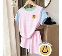 Ensemble 2 pièces pour préadolescentes, nouveau pour l'été : Top manches courtes ample décontracté + short, blocs de couleurs rayé rose bleu vert + imprimé visage brodé 7Y,8Y,9Y,10Y,11Y,12YRayéPolyest