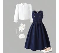 Ensemble 2 pièces pour préadolescentes, style décontracté élégant, robe de rentrée avec col chemise, nœud décoratif, patchwork blocs de couleurs, tablier, blanc et bleu marine, automne, vacances 8Y,9Y