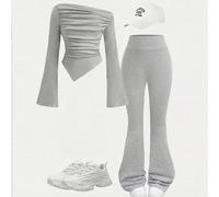 Ensemble 2 pièces pour préadolescentes : T-shirt ajusté à manches longues et cloche gris clair froissé, et pantalon évasé. Tenue décontractée pour la maison, les sorties, les voyages en avion, le port