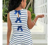 Ensemble 2 pièces pour préadolescentes, Top sans manches rayé minimaliste en tricot avec décoration nœud et short, collection printemps/été 8Y,9Y,10Y,11Y,12YRayéPolyester