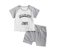 Ensemble 2 pièces pour tout-petit garçon avec short et t-shirt respirants à manches raglan et motif graphique MAMA'S BOY (Grey, 12-18 Months)