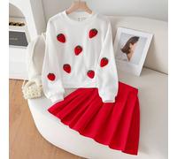 Ensemble 2 pièces pull en tricot doux et jupe plissée style fraise, pour l'automne/hiver 8Y,9Y,10Y,11Y,12YFruits & légumesTissu tricoté,Tissu tissé
