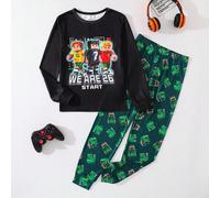 Ensemble 2 pièces pyjama ajusté pour garçon pré-ado, motif dinosaure vert Mission avec blocs de construction blocs de couleurs, col ras-du-cou, manches longues et pantalon, décontracté et confortable 