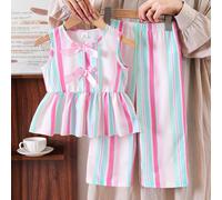 Ensemble 2 pièces rayé coloré dopamine pour jeunes filles, haut sans manches avec nœud rose + pantalon large assorti, tissu doux et confortable, convient pour les filles au quotidien, à l'école, en va