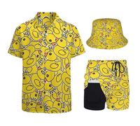 Ensemble 2 pièces rétro années 80/90 pour homme avec chemise, short de plage et chapeau cloche, Canards en caoutchouc jaunes, XL