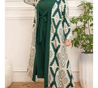Ensemble 2 pièces robe unie sans manches style arabe avec un cardigan à manches longues imprimé, pour femmes grandes tailles 1XL,2XL,3XL,4XLImprimés aléatoiresPolyester,Tissu tissé