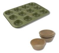 Zenker 9983950 Ensemble pour cuisson des muffins eco friendly plaque 12 empreintes et lot de 40 moules en papier, Acier, cire de carnauba, Papier, Vert, Brun, 38,5 et 7 cm
