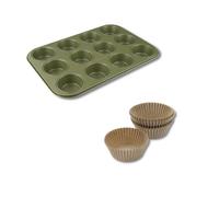 Zenker 9983950 Ensemble pour cuisson des muffins eco friendly plaque 12 empreintes et lot de 40 moules en papier, Acier, cire de carnauba, Papier, Vert, Brun, 38,5 et 7 cm