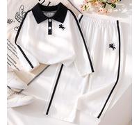 Ensemble 2 pièces style académie pour filles, polo blocs de couleurs avec col contrasté blanc et noir, pantalon large à rayures latérales, tenue décontractée avec broderie équestre classique, coupe mi