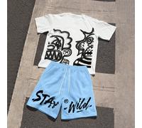 Ensemble 2 pièces style de rue pour hommes, comprenant un t-shirt à col rond à manches courtes avec impression de portrait exagérée et slogan amusant, et un short. Mode de rue pour hommes. L,M,S,XL,XX