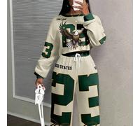 Ensemble 2 pièces style sport décontracté pour femmes, coupe ample. Imprimés d'aigle, numéro 23, étoile et lettres. Convient pour l'automne/hiver 0XL,1XL,2XL,3XL,4XLGéométrique,LettresTissu tricoté