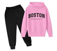 Ensemble 2 pièces sweat à capuche et pantalon de survêtement Boston pour filles - Sweat à capuche confortable avec motif graphique 2025, rose, 11-12 ans