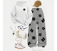 Ensemble 2 pièces sweat-shirt à capuche et pantalon de jogging droit ample pour adolescentes, imprimé floral à rayures contrastées noir et blanc vintage, convient pour les trajets quotidiens, les rend