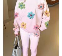 Ensemble 2 pièces Sweat-shirt à col rond et manches longues & leggings, imprimé floral dégradé vintage doux dopamine, style décontracté pour jeune fille, adapté à l'automne/hiver, style rétro de rue, 