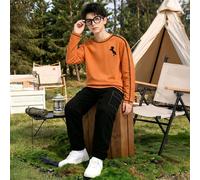 Ensemble 2 pièces Sweat-shirt et pantalon cargo pour garçons, style décontracté, Top orange à manches longues + pantalon long noir avec surpiqûres contrastées, imprimé cheval raffiné, design avec sang