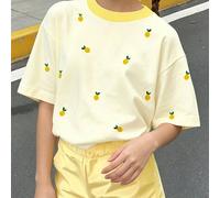 Ensemble 2 pièces t-shirt à col contrasté et short pour préadolescentes, imprimé citron rétro jaune crème. Convient pour le printemps/été, les sorties, les vacances, les jours fériés, les retours à la